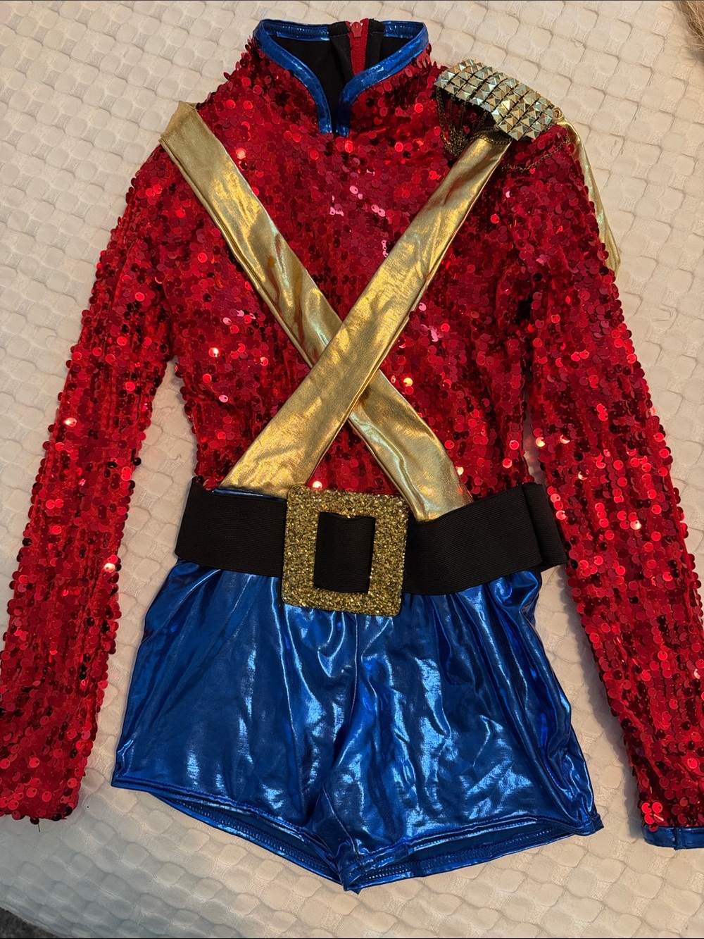 Weissman Red Sequin Top with Blue Metallic Shorts and Gold Accents